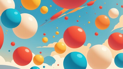 Poster - Floating Colorful Balls Against a Blue Sky with Cloud Accents