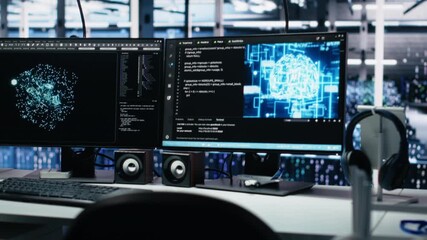 Poster - Data center computer systems on desk controlling network resources through AI visualization dashboards, and artificial intelligence programming software mapping infrastructure connections