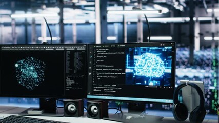 Poster - Computer systems in data center managing network resources using artificial intelligence tech. PC equipment with visual programming tools enabling efficient data processing and storage