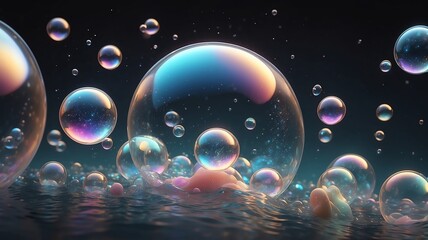 Poster - Floating Iridescent Bubbles Abstract Background with Water and Dark Backdrop