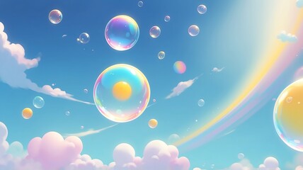 Poster - Floating Soap Bubbles Against a Sky with Rainbow and Clouds