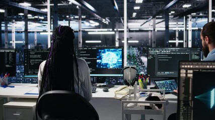 Fototapete - Data center system administrators using machine learning algorithms on PC to analyze datasets. Server farm employees using AI neural networks on devices to recognize data patterns, camera A