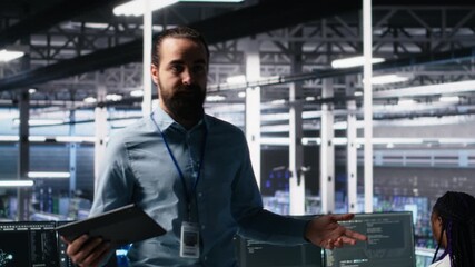 Poster - Man briefing investors on server room machine learning hardware. Data center supervisor filming AI tech presentation to shareholders, demonstrating predictive maintenance capabilities, camera A