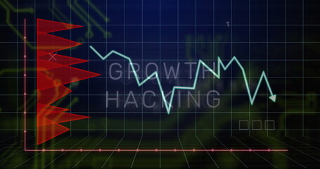 Poster - Displaying light cyan zigzag line graph showing data trends on 3D grid, with growth hacking overlay