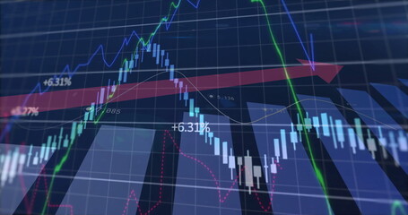 Poster - Displaying financial chart on blue grid, with candlestick bars, trend lines and red arrow