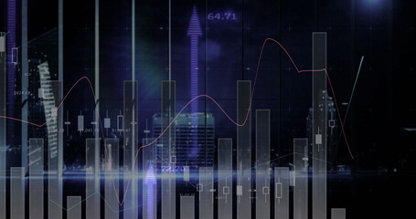 Poster - Financial chart showing bars, candlesticks, red and blue trends, labels and arrows in night skyline