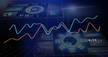 Poster - Floating data panels showing line graphs, bar charts and map overlays in holographic control system