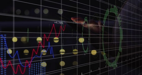 Poster - Outstretched hand controlling digital interface with line graphs and nodes, copy space