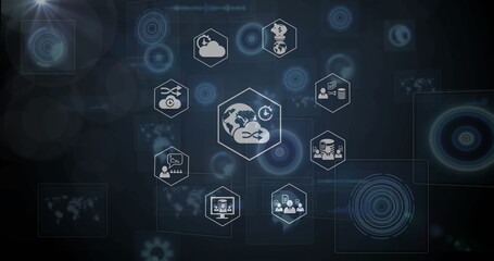 Poster - Displaying network interface on bluish-gray backdrop with central globe sync hexagon and tech icons