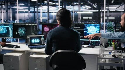 Fototapete - Team of engineers in data center struggles with malfunctions while using AI tools. Frustrated teamworking server hub colleagues try to fix system errors while using artificial intelligence, camera A