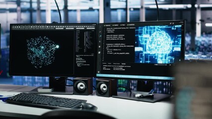 Poster - Monitors in data center displaying AI tech software interface monitoring infrastructure health. Visual programming systems on PCs helping identify malfunctions in server hub equipment