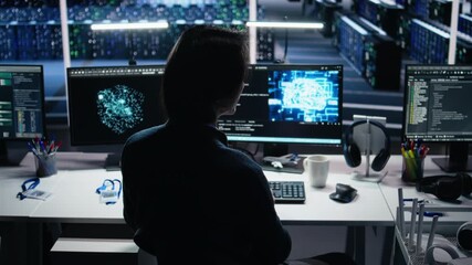 Poster - Data center system administrator working on artificial intelligence neural network software development. Server room IT specialist implementing machine learning technology in workplace, camera A