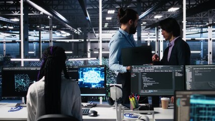 Poster - Team of data center engineers using machine learning algorithms to analyze large datasets. Server farm workers doing brainstorming, using AI neural networks to recognize data patterns, camera A