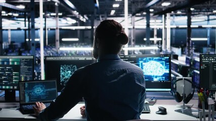 Fototapete - Server room software developer using AI to review infrastructure diagnostics. IT employee in data center analyzing performance data using artificial intelligence technology on devices, camera A