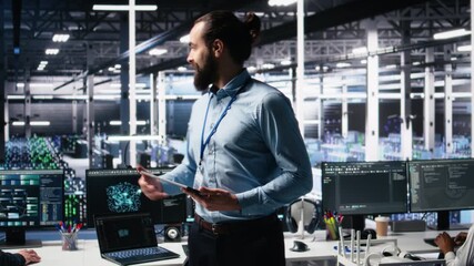 Fototapete - Data center lead programmer showcasing AI technology and rigs, filming presentation tour. Server room IT employee presenting artificial intelligence deep learning tech, camera A