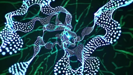 Enter shimmering nano world where luminescent jade particles oscillate along invisible sine waves forming intricate dot lattices endless K loop an essential sci fi texture biotechnology explainers