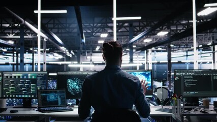 Poster - Delighted developer celebrating in data center after successfully coding with generative AI. Overjoyed employee doing high five with colleague after leveraging AI large language model, camera A