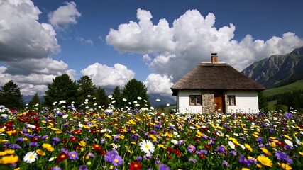 Wall Mural - peaceful 4K time lapse animation charming countryside cottage surrounded colorful blooming flowers framed majestic mountains distance creating relaxing serene virtual scenic