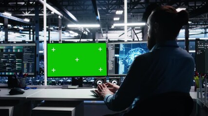 Poster - Data center engineer managing AI systems for uptime and efficiency using mockup PC. IT professional using artificial intelligence on isolated screen computer in server hub, camera A