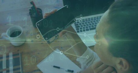 Poster - mature woman picking up smartphone on wood desk, activating animated node graph for data analysis
