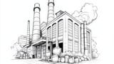 Black and White Sketch of Old Industrial Building with Chimneys