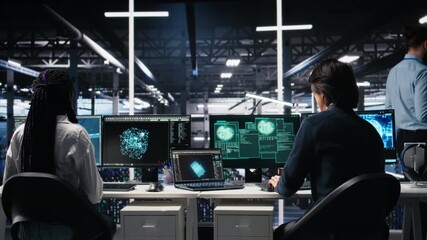 Poster - Server hub engineers alarmed by cyberattack accessing confidential data, working to secure systems. Teamworking data center colleagues fighting malware intrusion during security breach, camera A