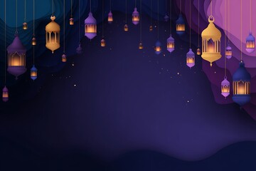 Poster - Illuminated Hanging Lanterns Create a Mesmerizing Ambiance Against a Deep Purple Abstract Background with Swirling Colors and Falling Sparks Adding a Touch of Magic