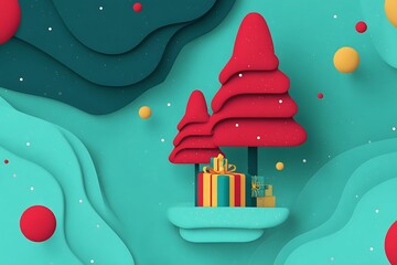 Poster - Abstract Festive Winter Scene with Red Christmas Trees and Gifts on a Floating Platform Amidst Wavy Teal Background Elements and Floating Orbs