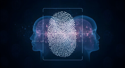Poster - Biometric Authentication Digital Fingerprint Scan Over Transparent Head Profiles in Blue Futuristic Network Background