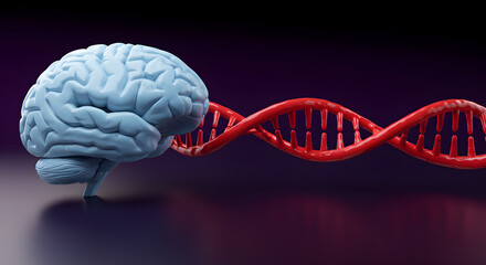 Poster - Brain and Dna 3D Render on Dark Gradient Representing Science Genetic Research