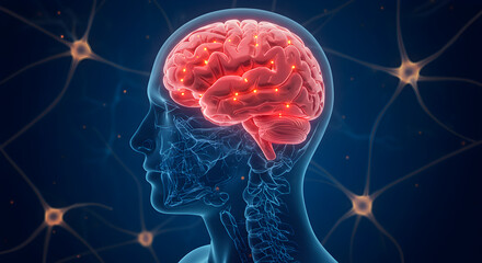 Poster - Detailed 3D Rendering of Red Human Brain Inside Translucent Blue Head Silhouette With Neuron Background on Dark Blue