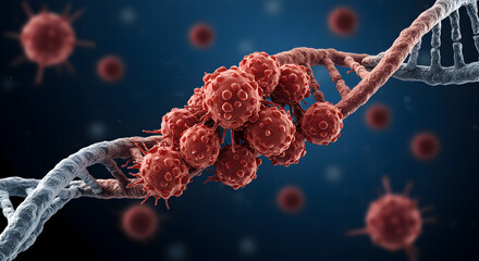 Poster - Detailed 3D Render of Red Viruses Clustered Around DNA Strand on Dark Blue Background