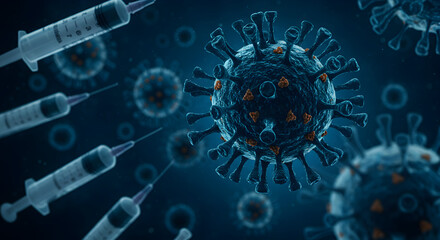Poster - Detailed Dark Blue Virus Cell Structure with Orange Spikes Surrounded by Syringes on Dark Backdrop Rendered in 3D