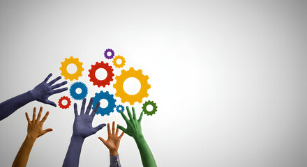 Poster - Diverse Pixelated Hands Reaching Colorful Gears in a Teamwork Concept Against a Gradient Gray Background