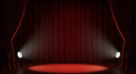 Poster - Dramatic Red Velvet Stage Curtain Lit by Spotlights on Wooden Stage Floor