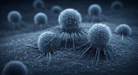 Poster - Microscopic View of Cells with Spiky Projections in Blue Tones Detailed Scientific Illustration with Dark Textured