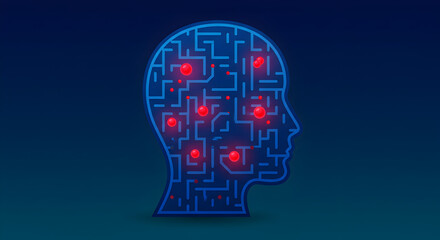 Poster - Pixelated Human Head with Glowing Circuitry and Red Dots in Dark Blue Background