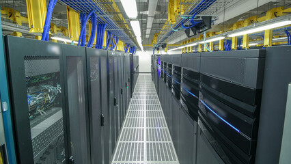 Wall Mural - room with rows of server hardware in data center timelapse hyperlapse