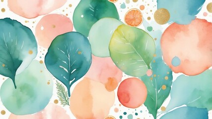 Poster - Watercolor Pattern with Pastel Leaves, Circles and Citrus Accents