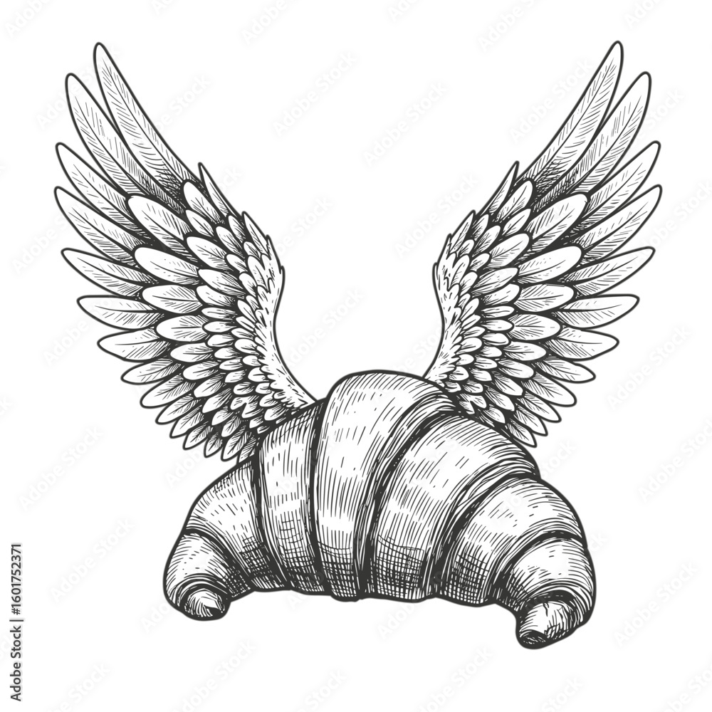 Engraved croissant with wings, black and white sketch, vintage vector ...