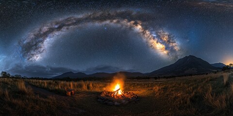 Wall Mural - A breathtaking view of the Milky Way stretching over a remote mountain campsite, with a warm fire in the foreground
