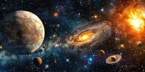 Wall Mural - A cosmic setting where figures float effortlessly in the vastness of space