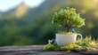 © savittree - Whimsical scene of tree in mug with birds and grass around, peaceful natural setting