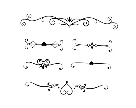 text dividers doodle set. Wedding decorative elements. Divider ornament, borders, floral, vintage line separators. Hand drawn vector illustration isolated on white background. Set page dividers.