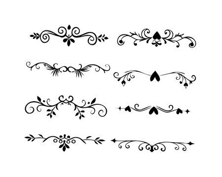 text dividers doodle set. Wedding decorative elements. Divider ornament, borders, floral, vintage line separators. Hand drawn vector illustration isolated on white background. Set page dividers.