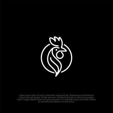 Minimalist rooster emblem with a modern aesthetic rendered in stark white against a solid black background, conveying a feeling of simplicity and modern sophistication