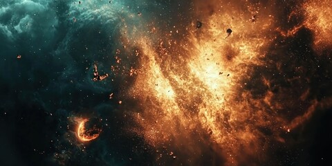 Wall Mural - A dramatic celestial scene where planetary fragments are scattered in a glowing, fiery burst
