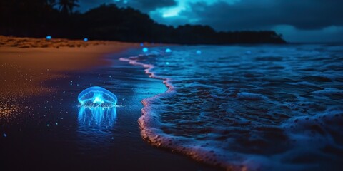 Wall Mural - A dreamlike beach scene where glowing jellyfish illuminate the dark ocean waves