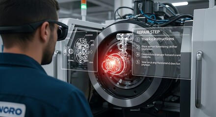 Technician using augmented reality glasses to inspect complex machinery, overlaid with digital schematics and instructions.