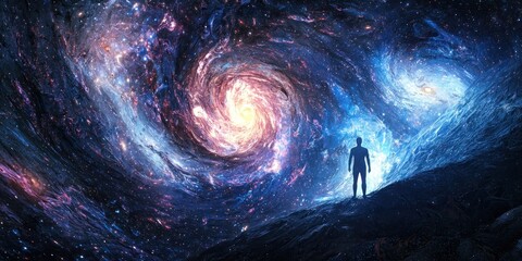Wall Mural - A dreamlike environment where human figures appear to be made entirely of swirling galaxies